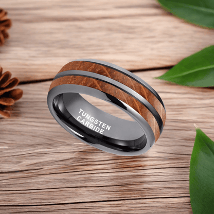 8mm Black Gray Tungsten Nordic Barrel Wood Ring | Men's Wedding Bands