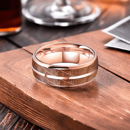 8mm Rose Gold Tungsten Nordic Barrel Wood Ring | Men's Wedding Bands