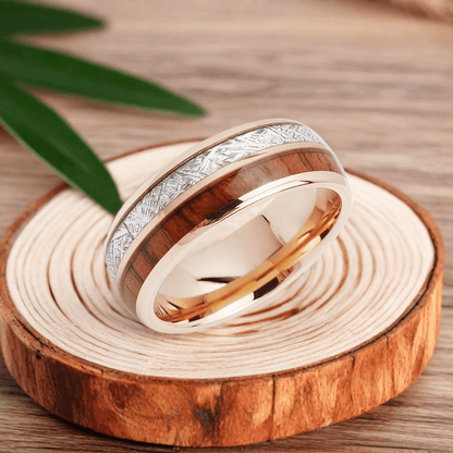 8mm Rose Gold Silver Brushed Tungsten Nordic Barrel Wood Ring | Men's Wedding Bands