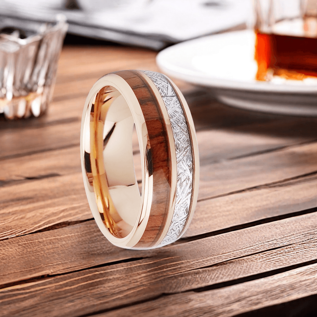 8mm Rose Gold Silver Brushed Tungsten Nordic Barrel Wood Ring | Men's Wedding Bands