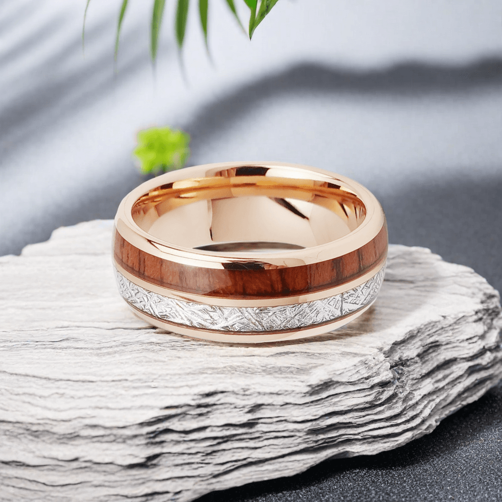 8mm Rose Gold Silver Brushed Tungsten Nordic Barrel Wood Ring | Men's Wedding Bands