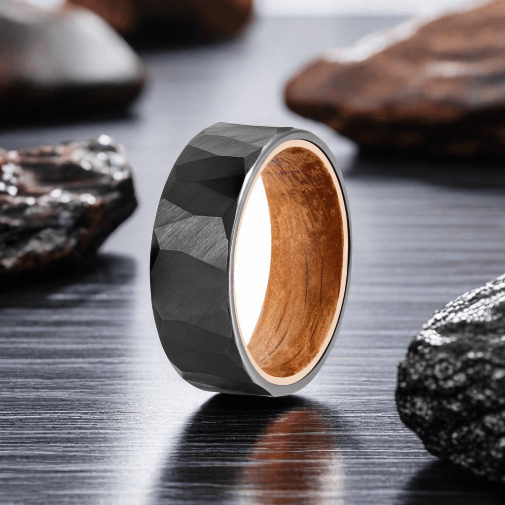 8mm Black Tungsten Rock Stone Nordic Wood Ring | Men's Wedding Bands