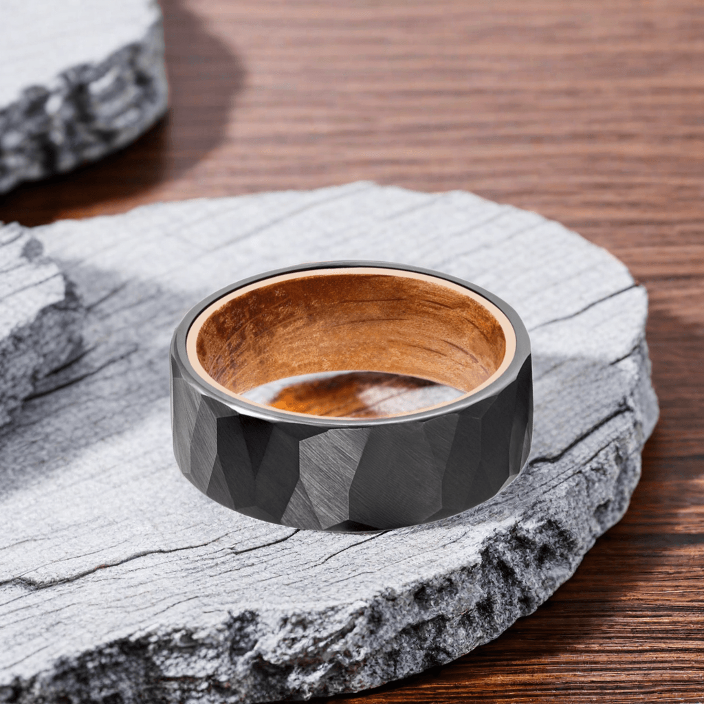 8mm Black Tungsten Rock Stone Nordic Wood Ring | Men's Wedding Bands