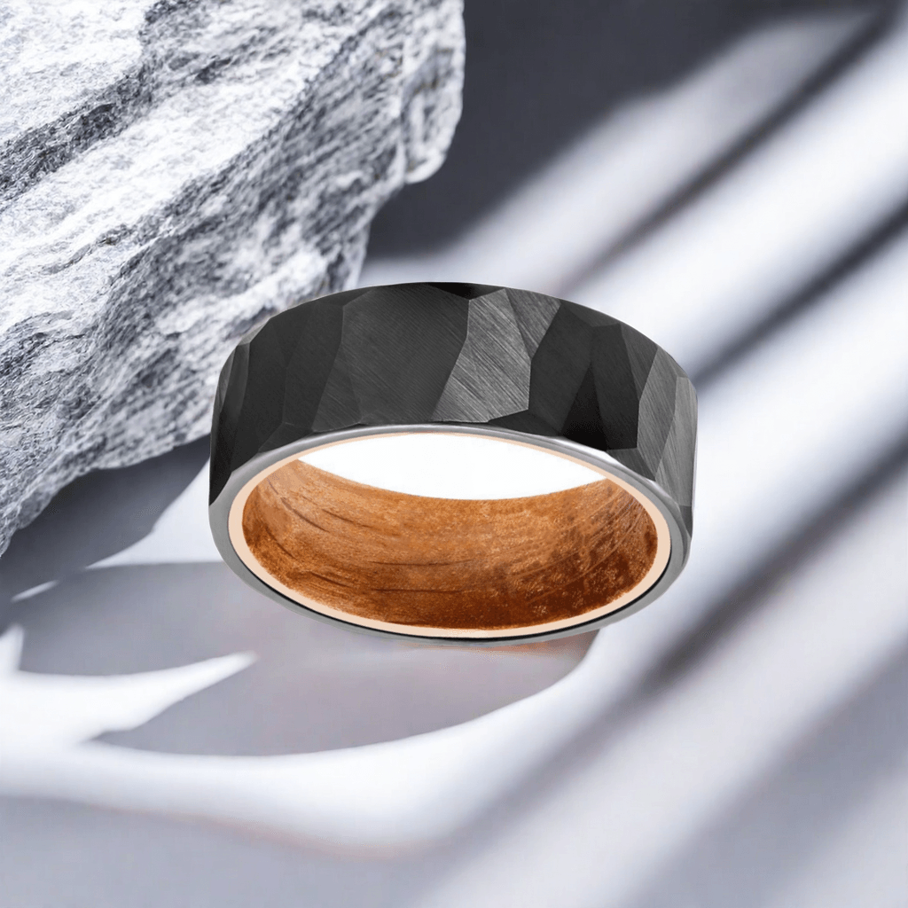 8mm Black Tungsten Rock Stone Nordic Wood Ring | Men's Wedding Bands