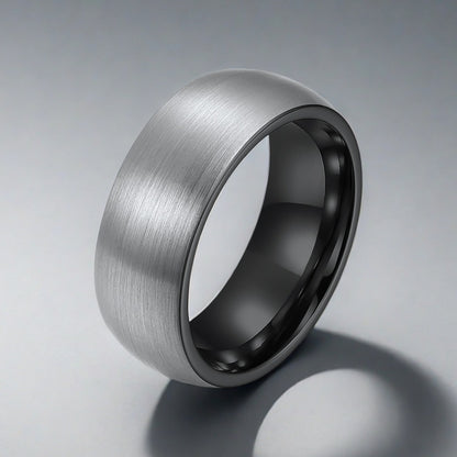 8mm Silver Tungsten Carbide Men's Ring Brushed Outer Side Industrial Metal Texture | Unique Men's Wedding Bands