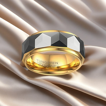 8mm Gold Rhombic Facets Polishing and Electroplating Tungsten Carbide Men's Ring | Unique Men's Wedding Bands