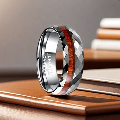 8mm Silver Rhombic Facets Polishing and Electroplating Tungsten Carbide Nordic Wood Ring | Unique Men's Wedding Bands