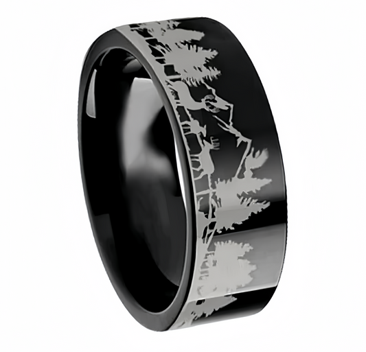 8mm Black Fine Engraved Forest and Deer Gorpcore Ring| Bands | Christmas gift