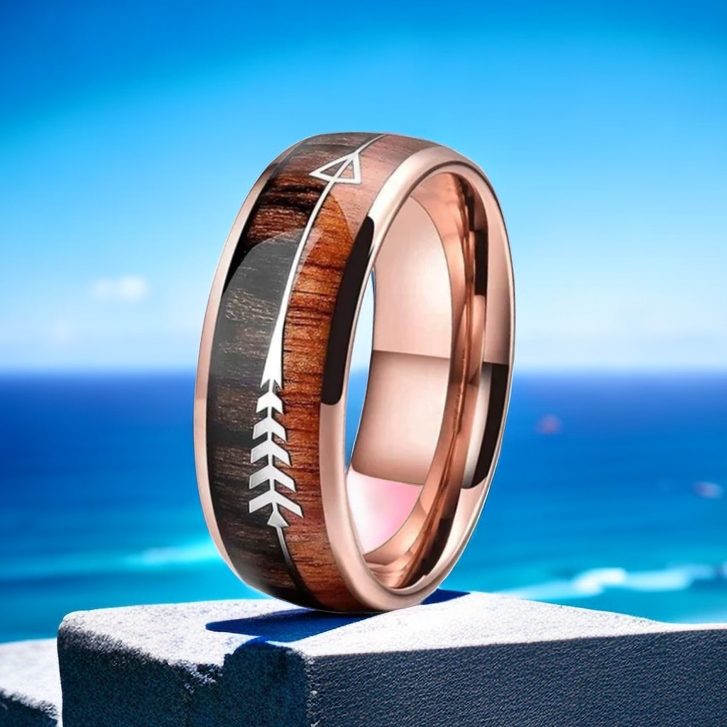 8mm Mellow Rose Gold Titanium Fishbone Arrow Men’s Wood Ring | Gorpcore Fishing Bands