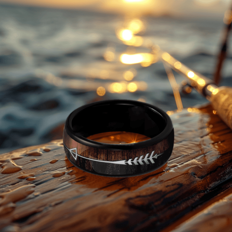 8mm Mellow Black Titanium Viking Fishbone Arrow Men’s Wood Ring | Gorpcore Fishing Bands