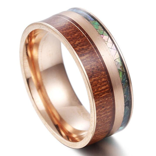 9mm Rose Gold Forest and Sea Nordic Wood Titanium Men's Ring