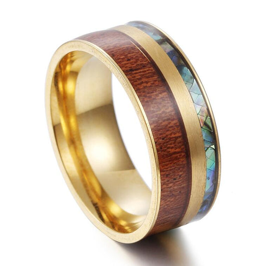 9mm Gold Forest and Sea Nordic Wood Titanium Men's Ring