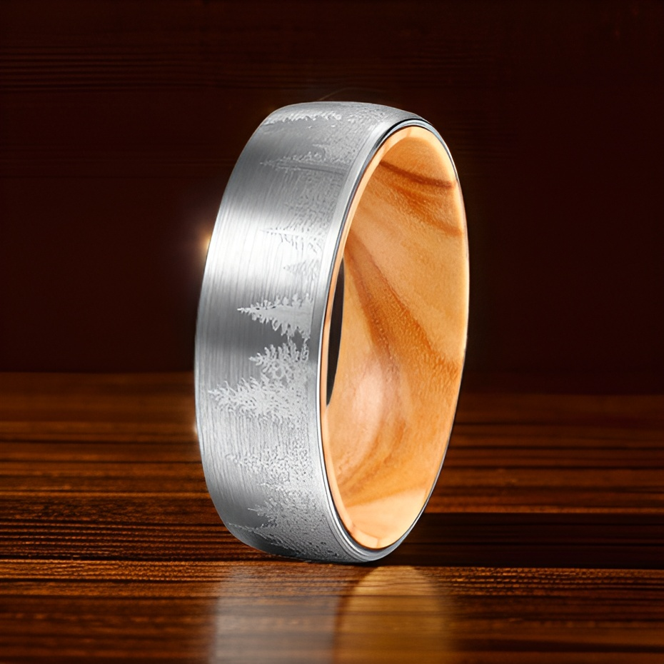 8mm Silver Tantalum Spruce Pine Tree Design Men's Ring | Christmas Bands