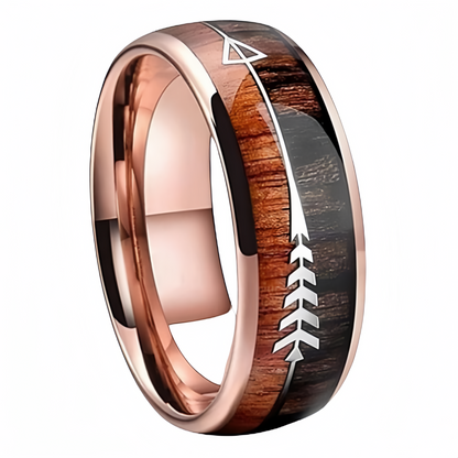 8mm Mellow Rose Gold Titanium Fishbone Arrow Men’s Wood Ring | Gorpcore Fishing Bands