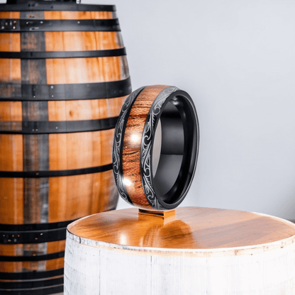 8mm Black Barrel Tungsten Lovebirds Nordic Wood Ring | Men's Wedding Ring