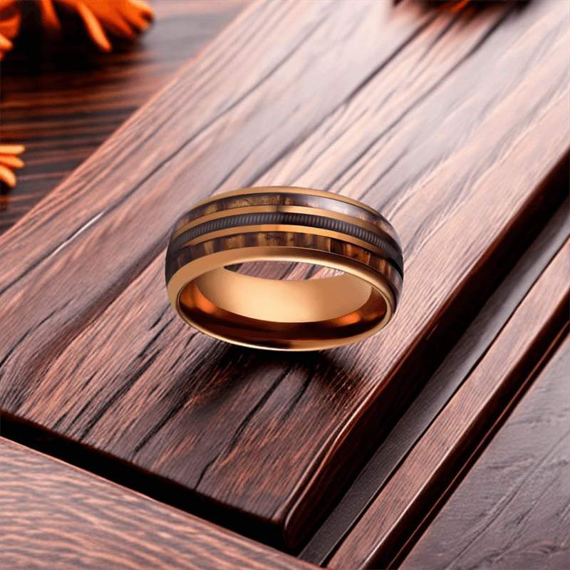 8mm Rose Gold Barrel and Guitar String Nordic Wood Ring | Men's Wedding Bands