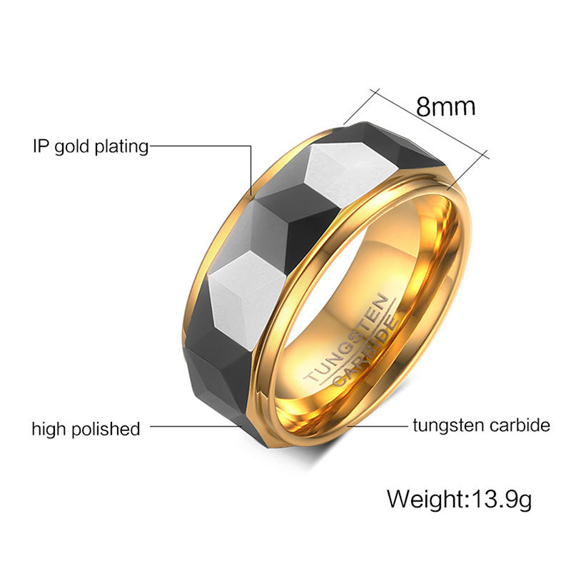 8mm Gold Rhombic Facets Polishing and Electroplating Tungsten Carbide Men's Ring | Unique Men's Wedding Bands