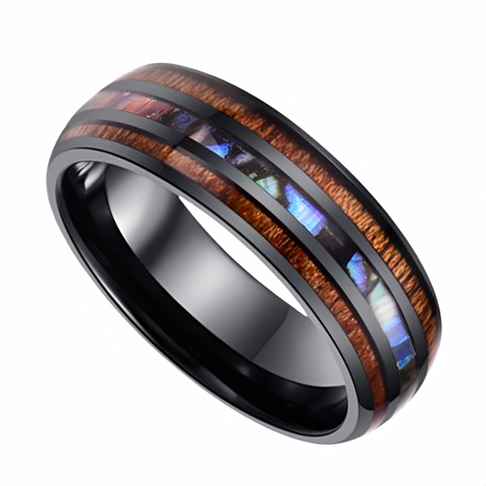 8mm Titanium Black Barrel Nordic Wood Ring Colorful Shells | Men's Wedding Band
