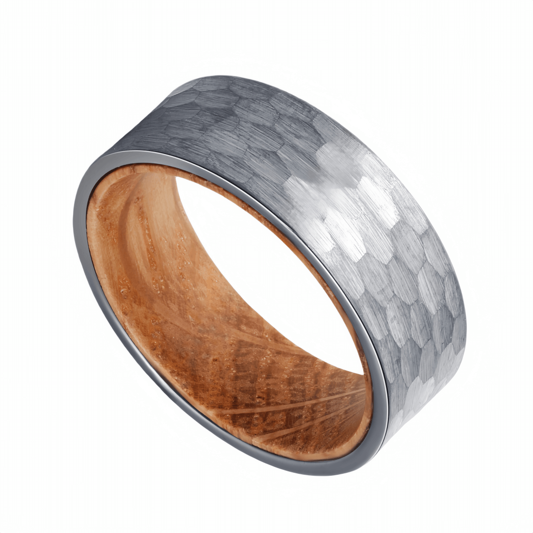 8mm Silver Gray Tungsten Hammer Nordic Wood Ring | Men's Wedding Bands