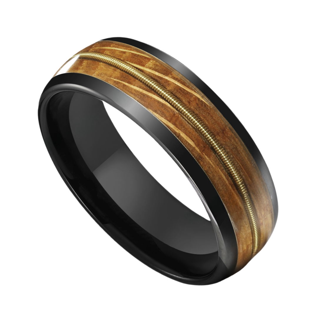 8mm Black Tungsten Gold Guitar String Nordic Wood Ring |  Men's Wedding Bands