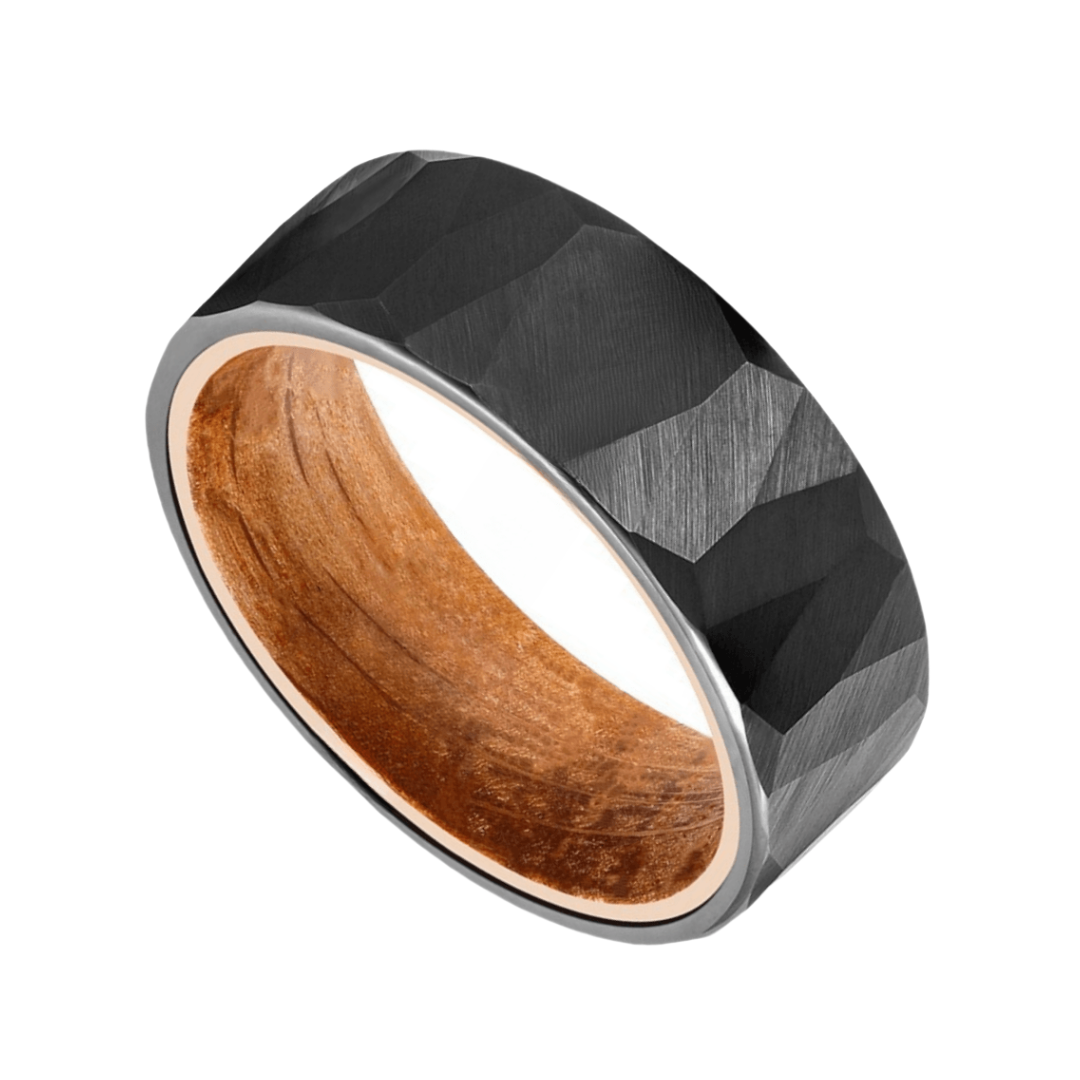 8mm Black Tungsten Rock Stone Nordic Wood Ring | Men's Wedding Bands