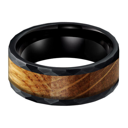 8mm Black Tungsten Hammered Edge Nordic Wood Men's Ring |  Men's Wedding Bands