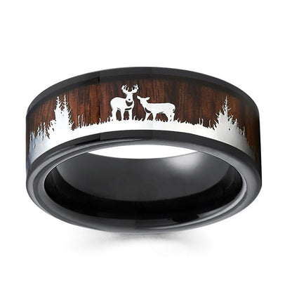 8mm Pine Tree Reindeer Wood Ring | Christmas Men's Bands