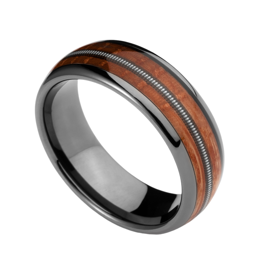 8mm Normcore Black Gray Tungsten Guitar String Nordic Wood Ring |  Men's Wedding Bands