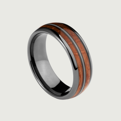 8mm Normcore Black Gray Tungsten Guitar String Nordic Wood Ring |  Men's Wedding Bands