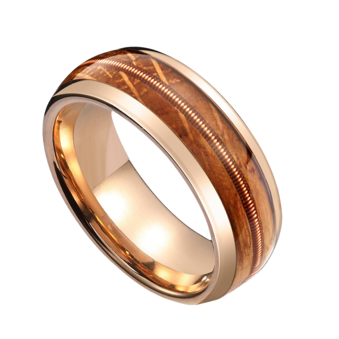 8mm Normcore Tungsten Rose Gold Guitar String Nordic Wood Ring |  Men's Wedding Bands