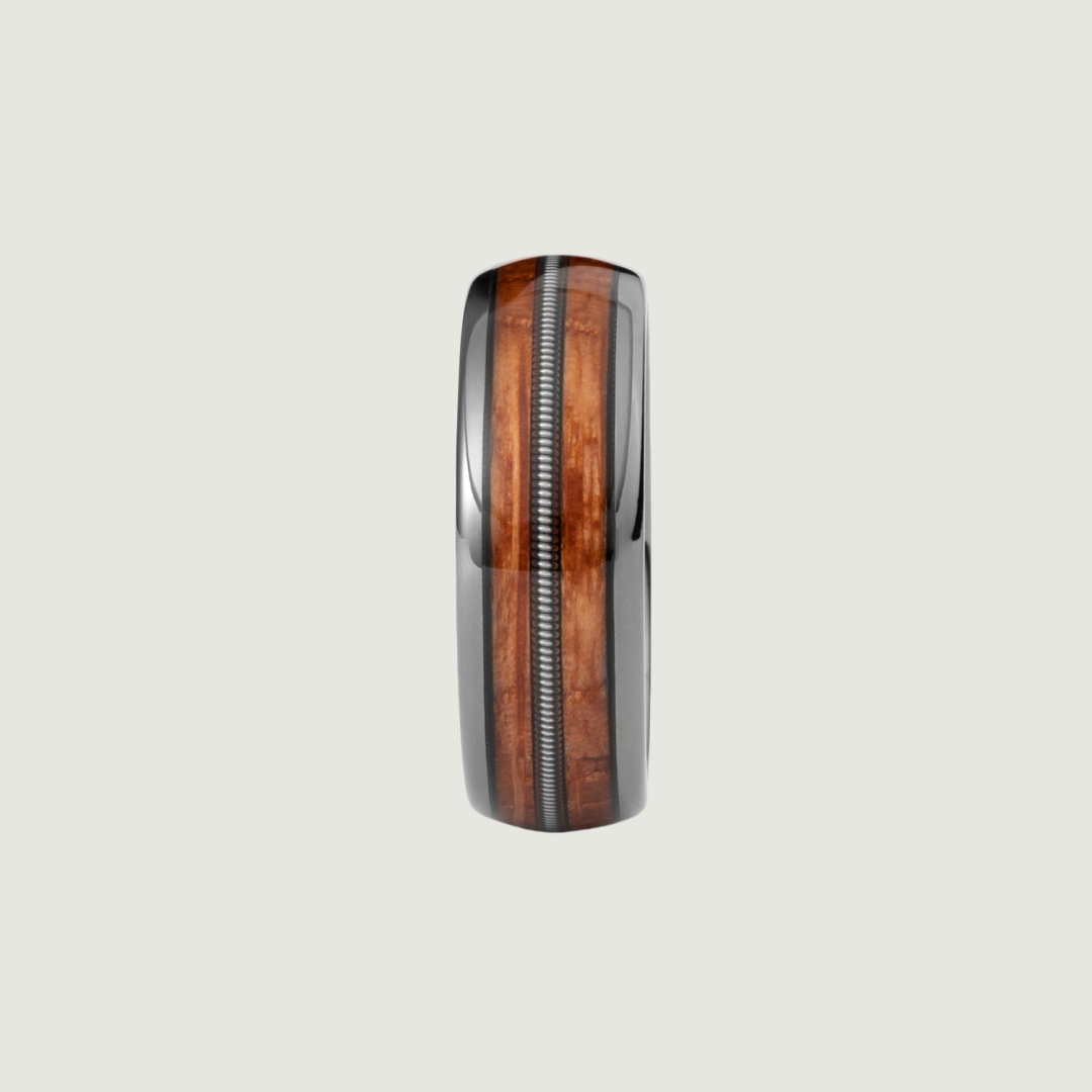 8mm Normcore Black Gray Tungsten Guitar String Nordic Wood Ring |  Men's Wedding Bands