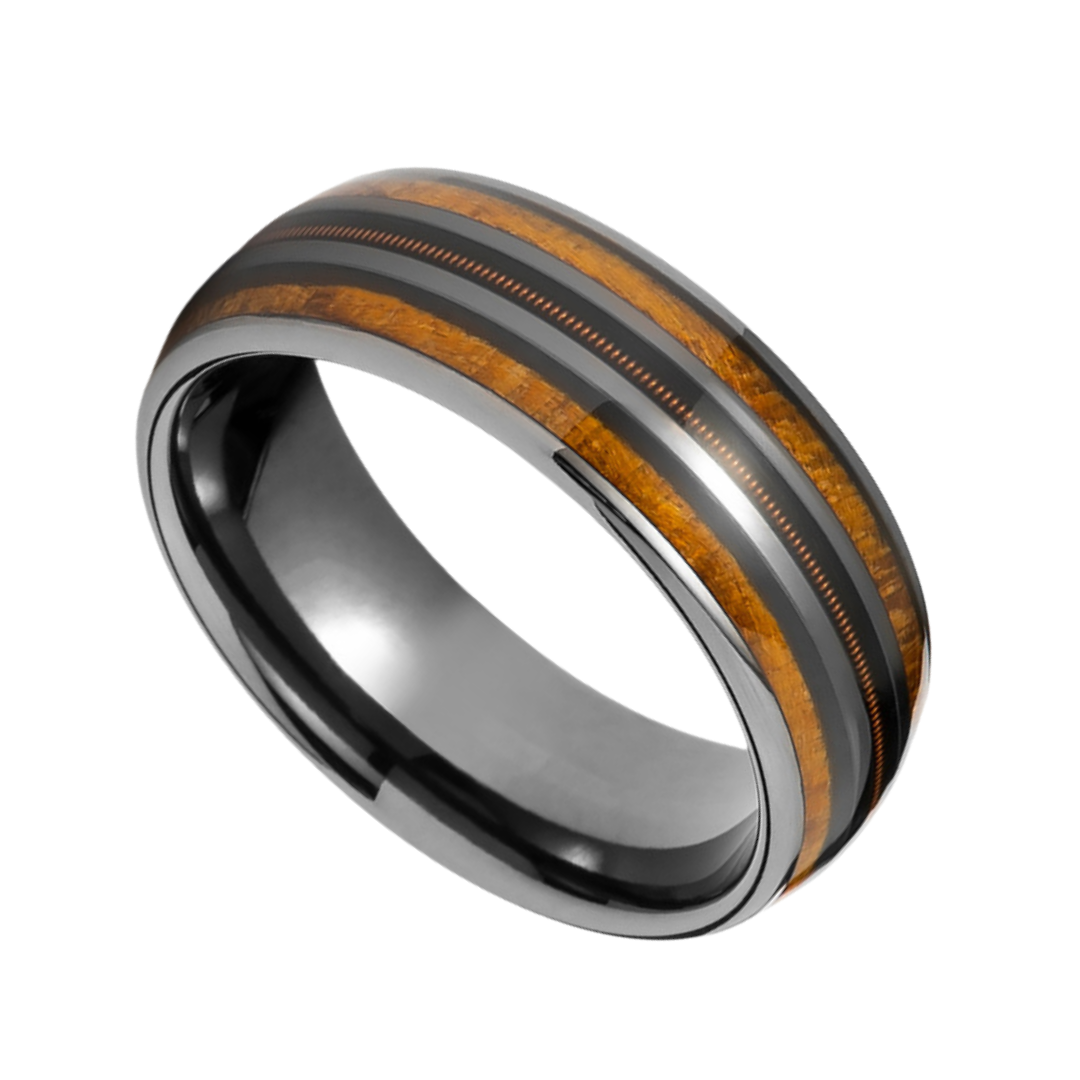 8mm Black Gray Tungsten Guitar String Nordic Wood Inlay Ring |  Men's Wedding Bands