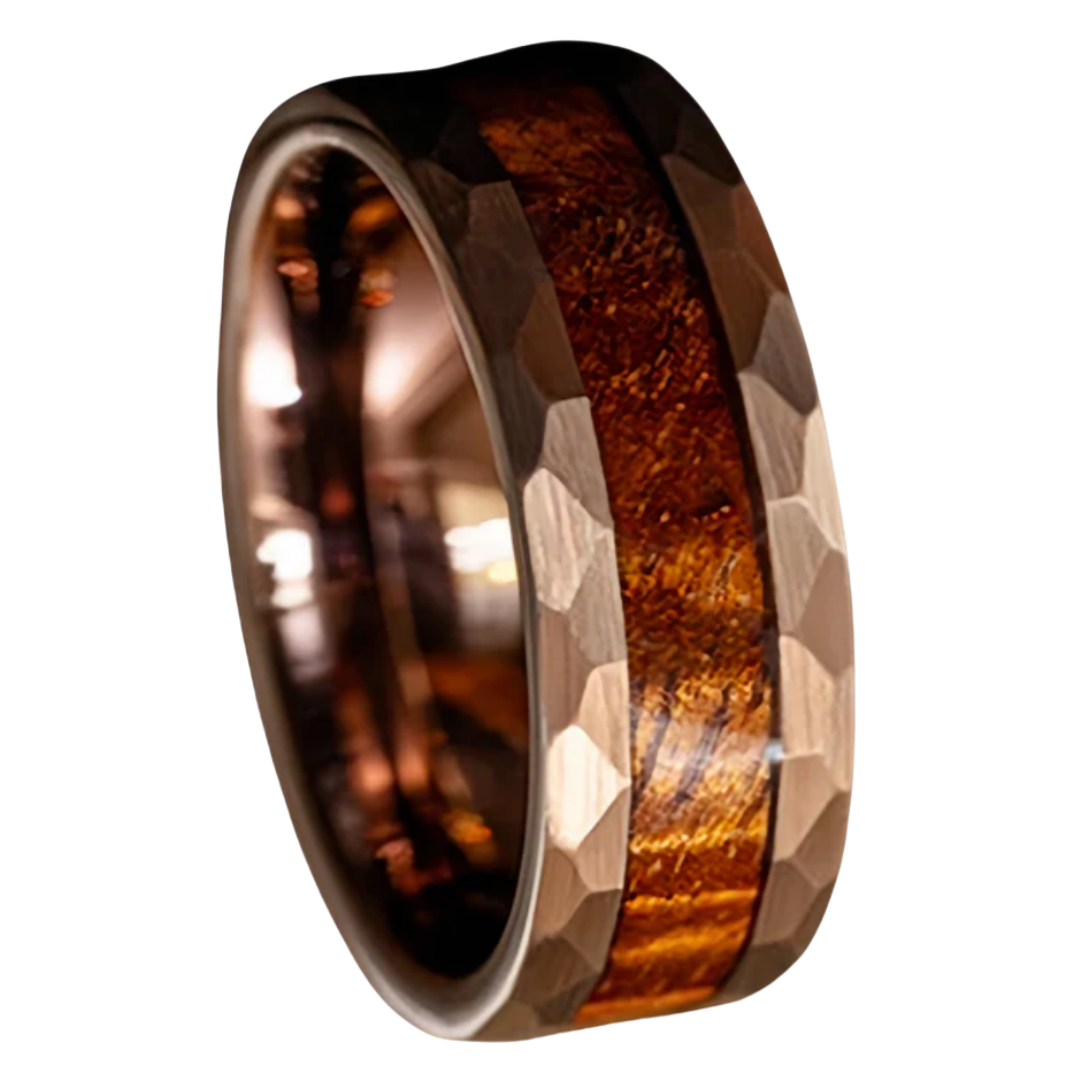 8mm Rose Gold Tungsten Hammered Edge Nordic Wood Ring | Men's Wedding Bands