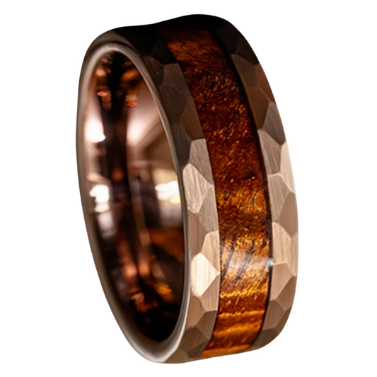 8mm Rose Gold Tungsten Hammered Edge Nordic Wood Ring | Men's Wedding Bands