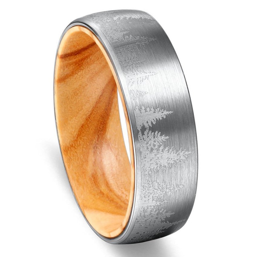 8mm Silver Tantalum Spruce Pine Tree Design Men's Ring | Christmas Bands
