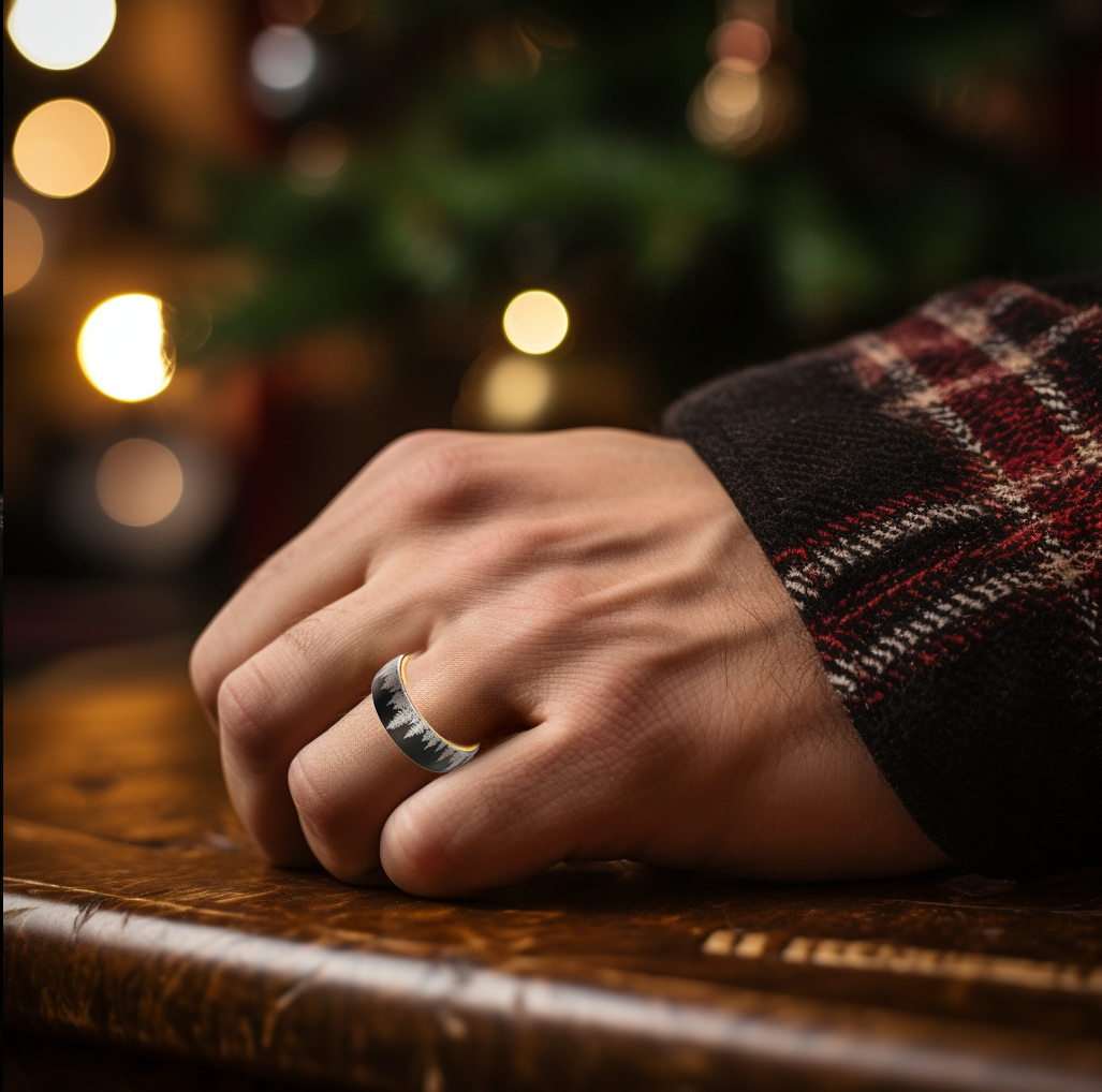 8mm Black Titanium and Pine Tree Men's Wood Ring | Christmas Bands