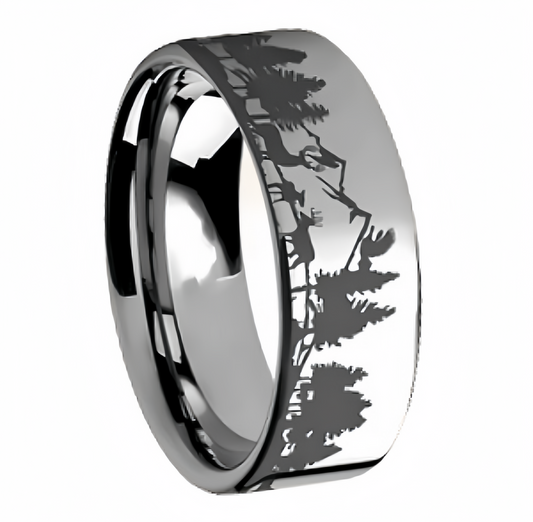 8mm Silver Forest and Deer Gorpcore Men's Ring | Christmas
