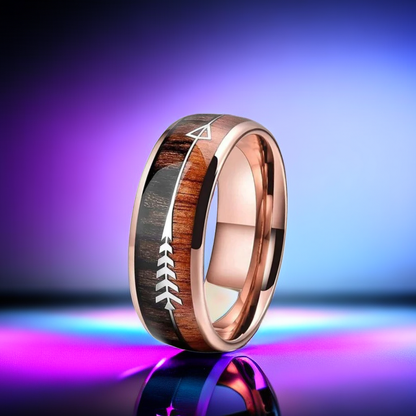 8mm Mellow Rose Gold Titanium Fishbone Arrow Men’s Wood Ring | Gorpcore Fishing Bands