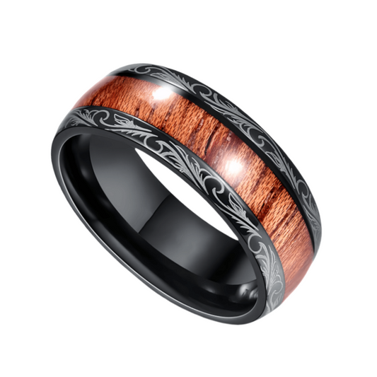 8mm Black Barrel Tungsten Lovebirds Nordic Wood Ring | Men's Wedding Ring