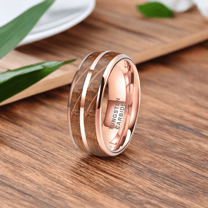 8mm Rose Gold Tungsten Nordic Barrel Wood Ring | Men's Wedding Bands