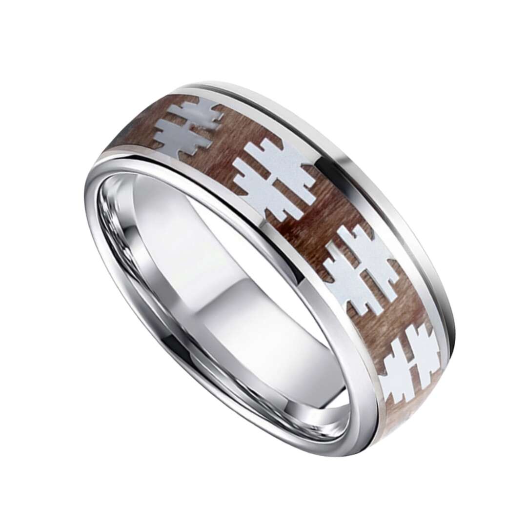 8mm Silver Titanium Barrel Wood Tree Pattern Wood Ring | Men's Wedding Bands