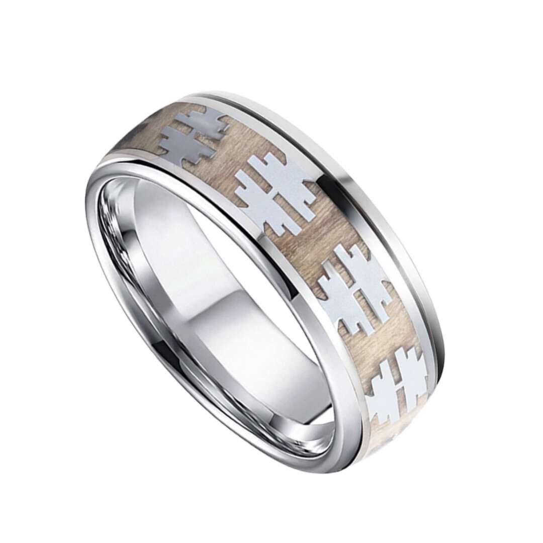 8mm Silver Titanium Oak Wood Tree Pattern Wood Ring | Men's Wedding Bands