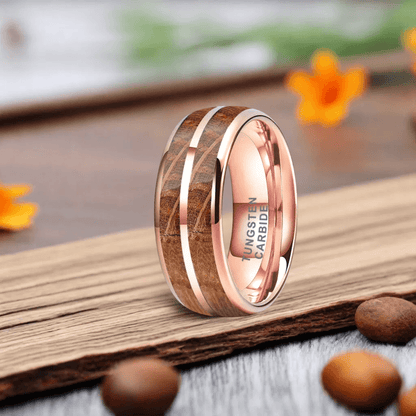 8mm Rose Gold Tungsten Nordic Barrel Wood Ring | Men's Wedding Bands