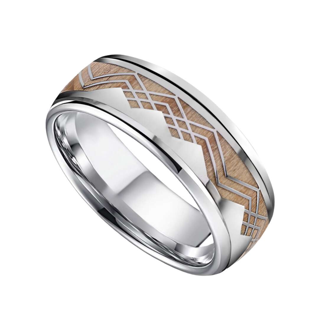 8mm Silver Titanium Oak Wood Mountain and Sea Wood Ring | Men's Wedding Bands