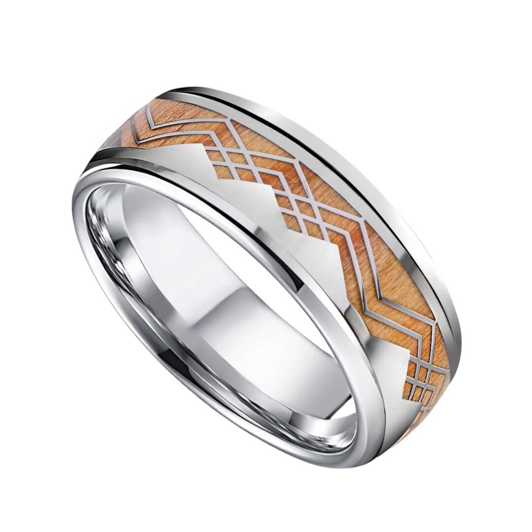 8mm Titanium Apricot Yellow Mountain and Sea Wood Ring | Men's Wedding Bands